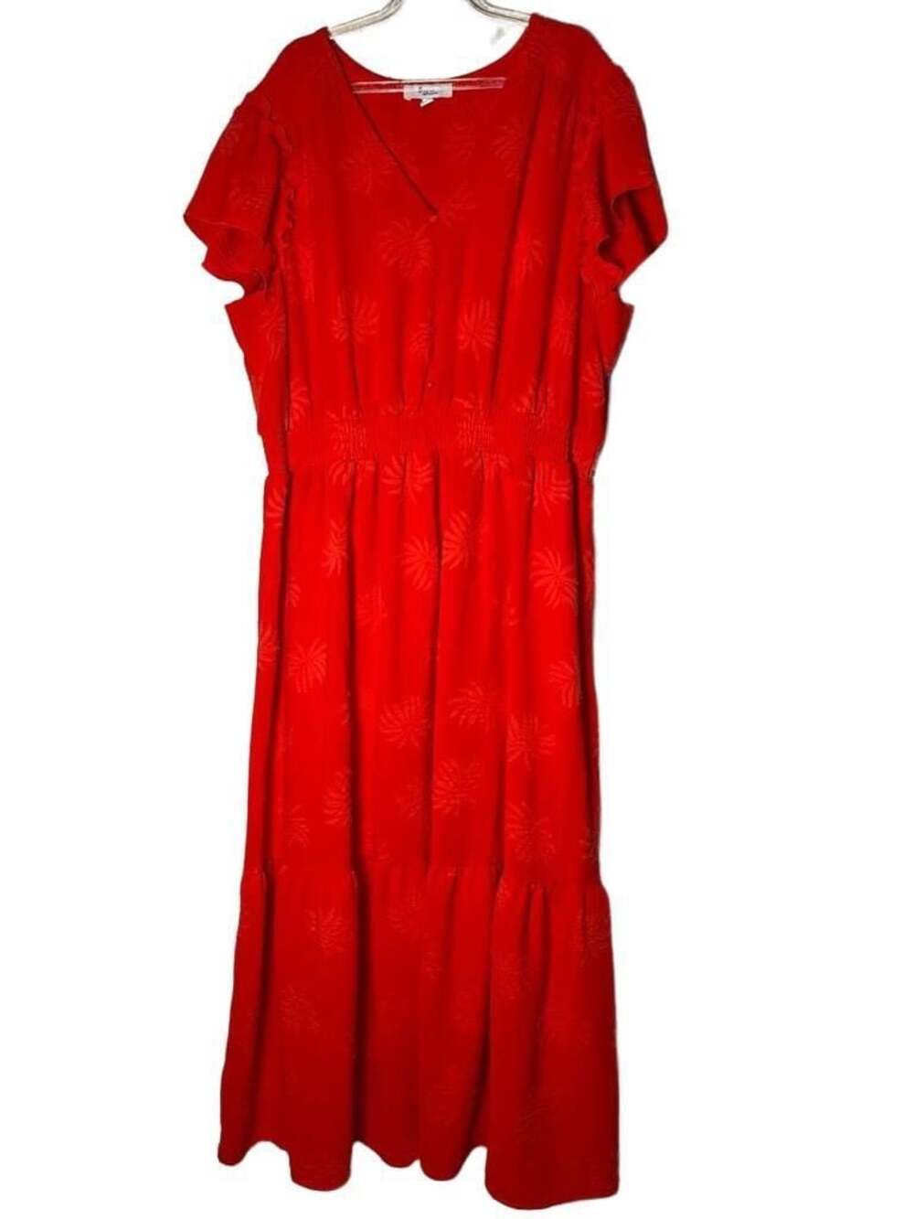 Cato Fashions Red Palm Print Smocked Waist Midi Dress